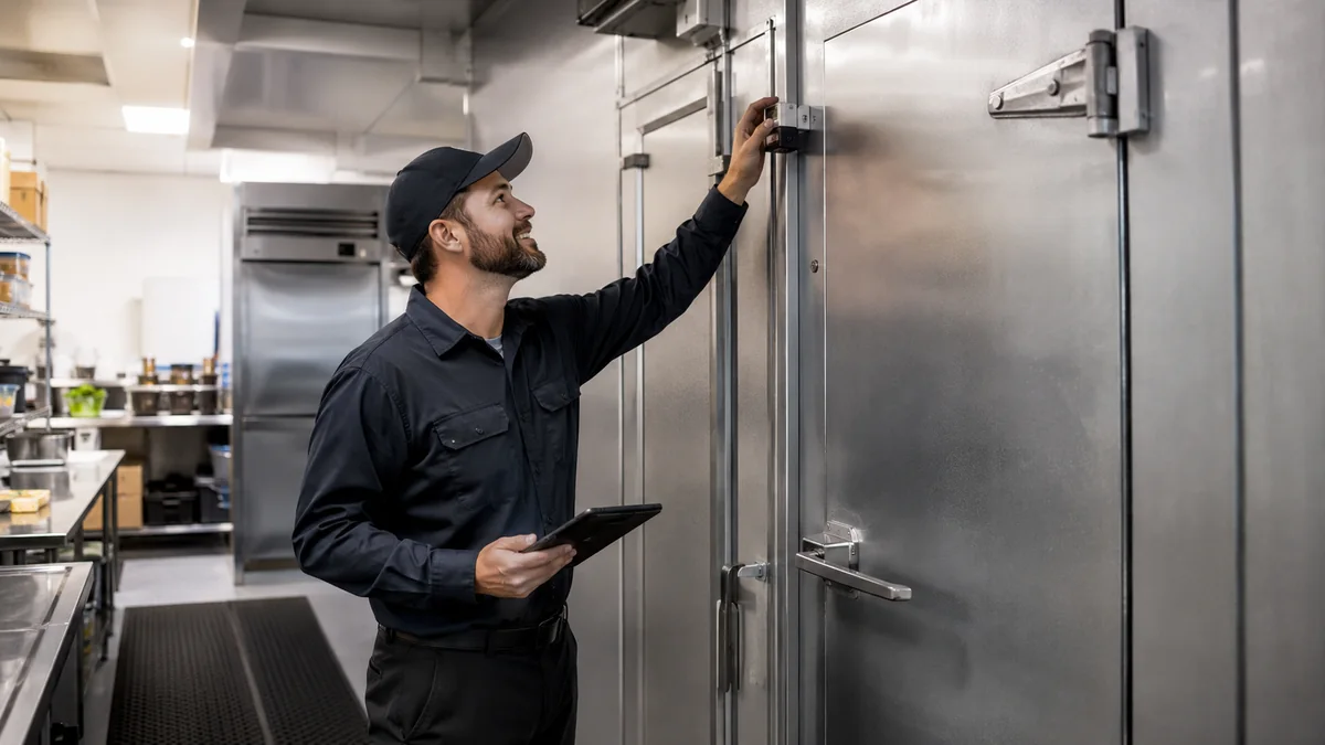 Commercial refrigeration technician servicing a walk-in cooler in San Antonio
